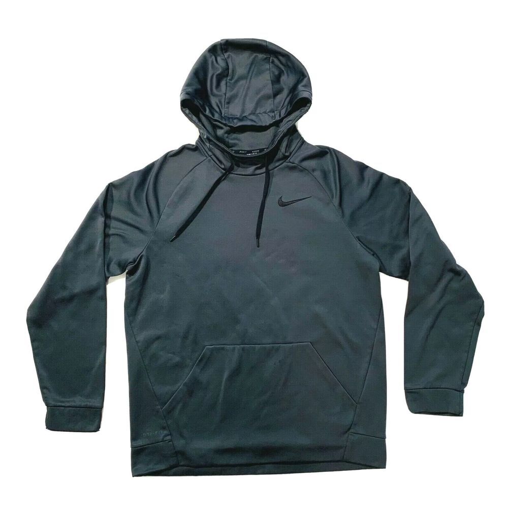 Nike Dri-Fit Hoodie Sweatshirt Fleece Lined Relaxed Fit Swoosh Black Gray M EUC